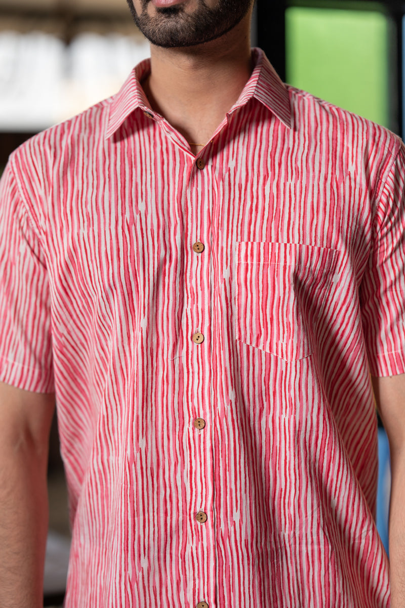 Cotton Comfort Fit Half Sleeves Shirt White Pink Striped Print 2 (6802535710819)