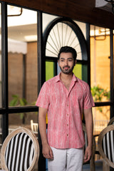 Cotton Comfort Fit Half Sleeves Shirt White Pink Striped Print (6802535710819)
