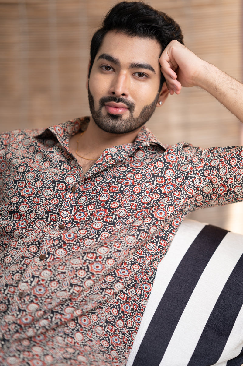 Cotton Comfort Fit Half Sleeves Shirt Black Red Geometric Print 1 (6802535743587)