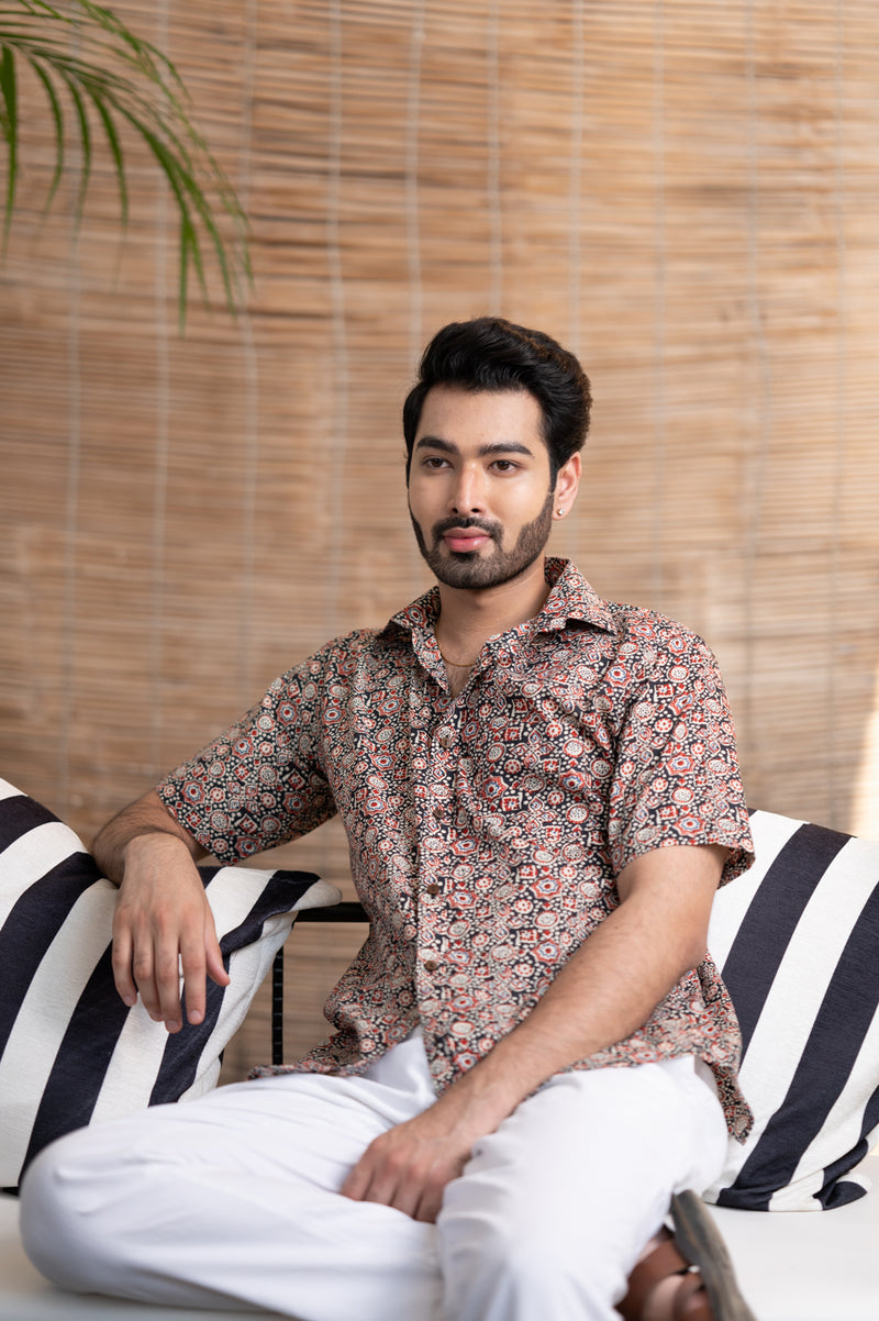 Cotton Comfort Fit Half Sleeves Shirt Black Red Geometric Print (6802535743587)