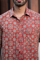 Cotton Comfort Fit Half Sleeves Shirt Red Blue Geometric Print (6802535776355)