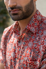 Red Cotton Men's Shirt with Black Geometric Print 2 