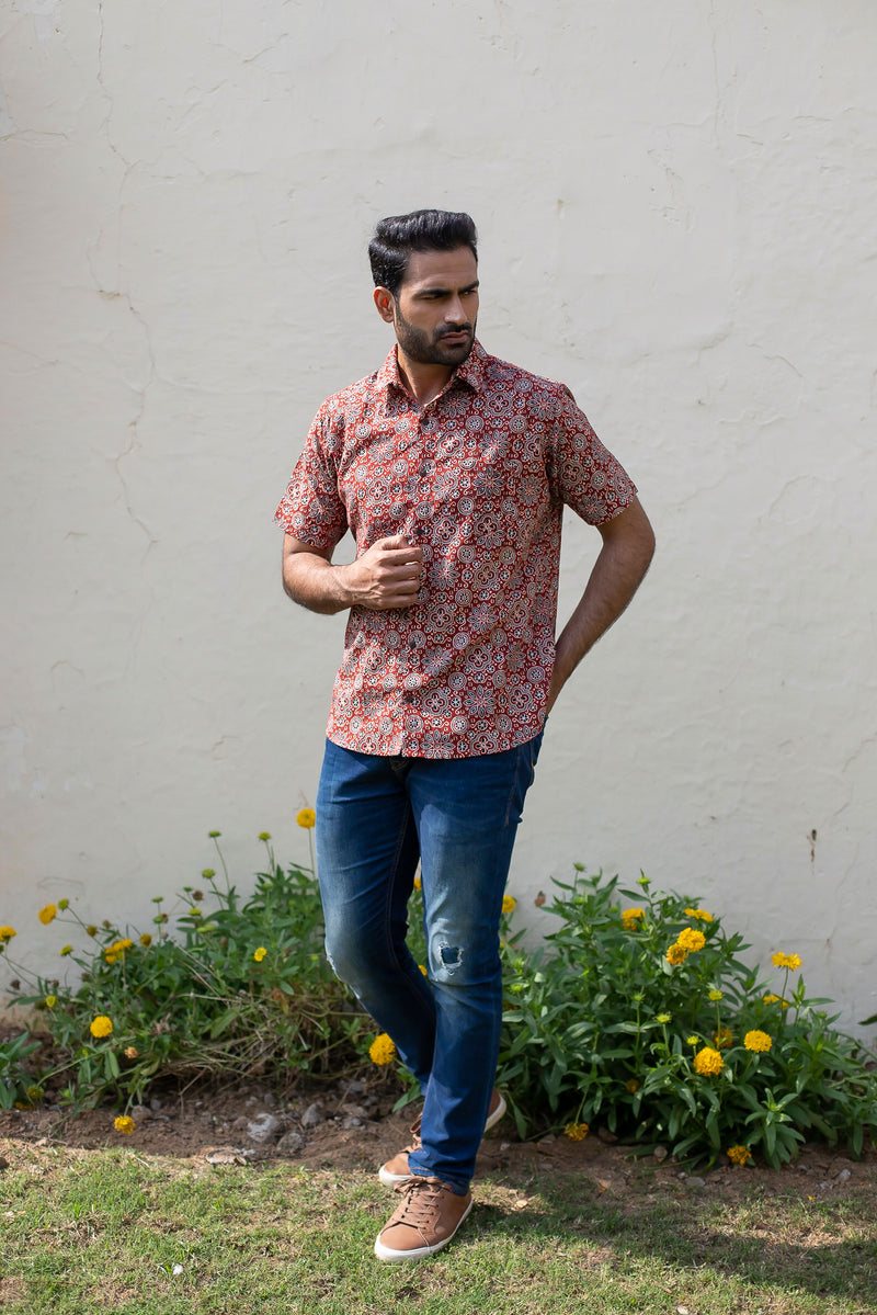 Red Cotton Men's Shirt with Black Geometric Print