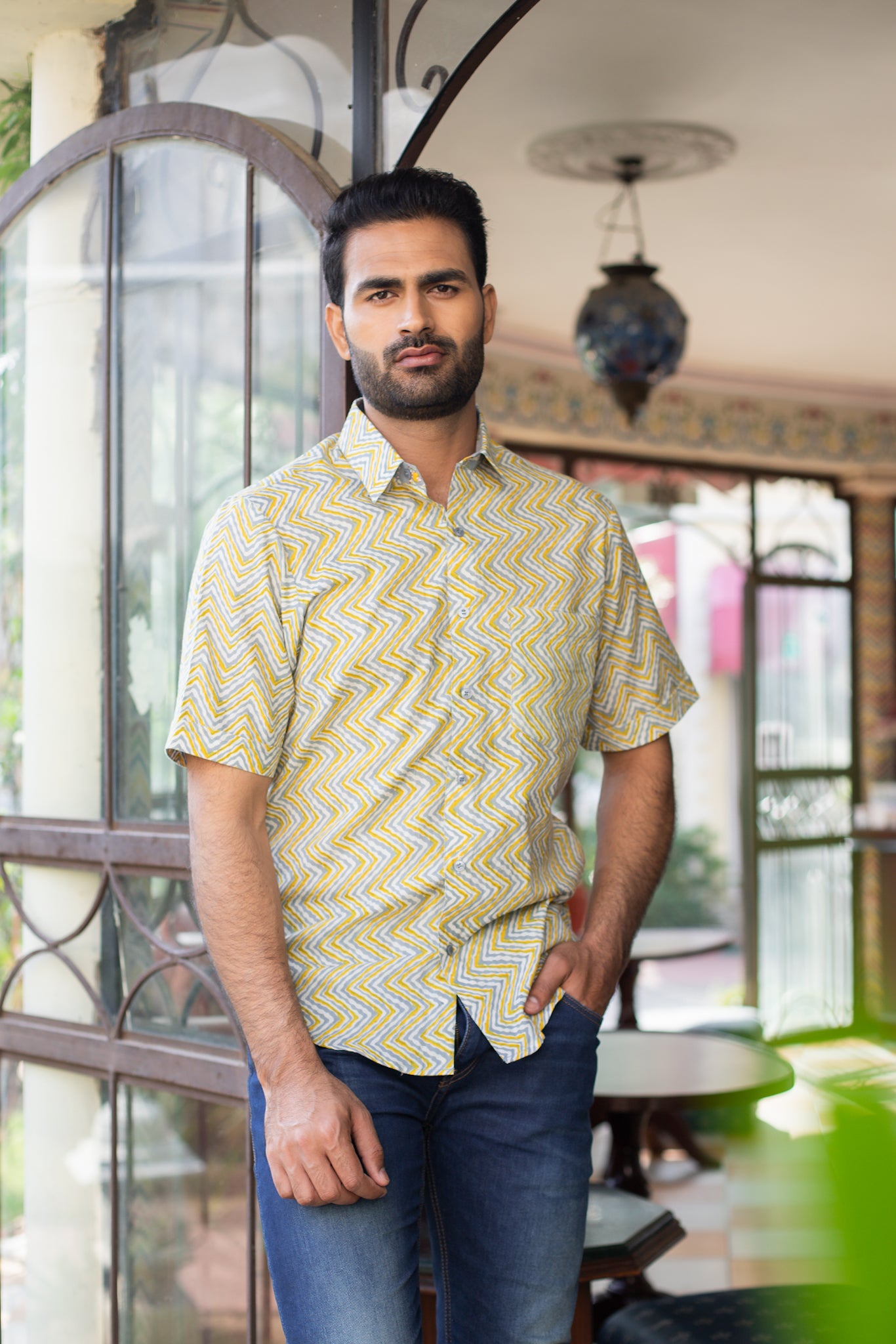 Yellow Grey Cotton Leheriya Men's Shirt