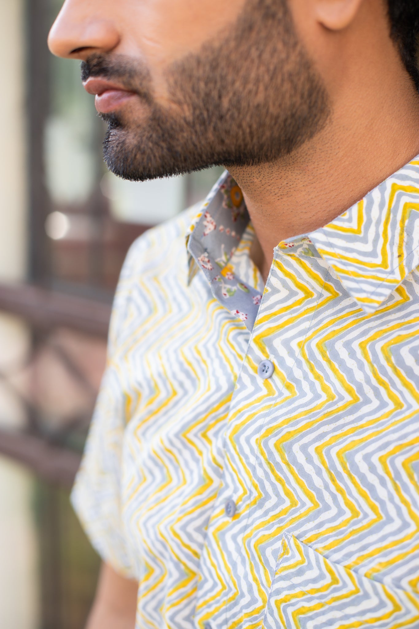 Yellow Grey Cotton Leheriya Men's Shirt 1
