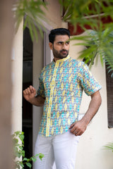 Grey Cotton Men's Shirt with Yellow and Blue Geometric Print