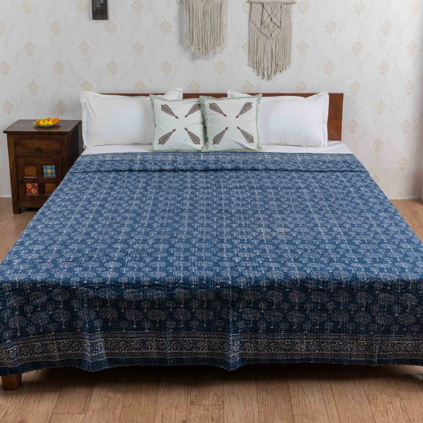 Cotton Queen Size Bedcover Indigo Tree Kantha Work (6753266434147)