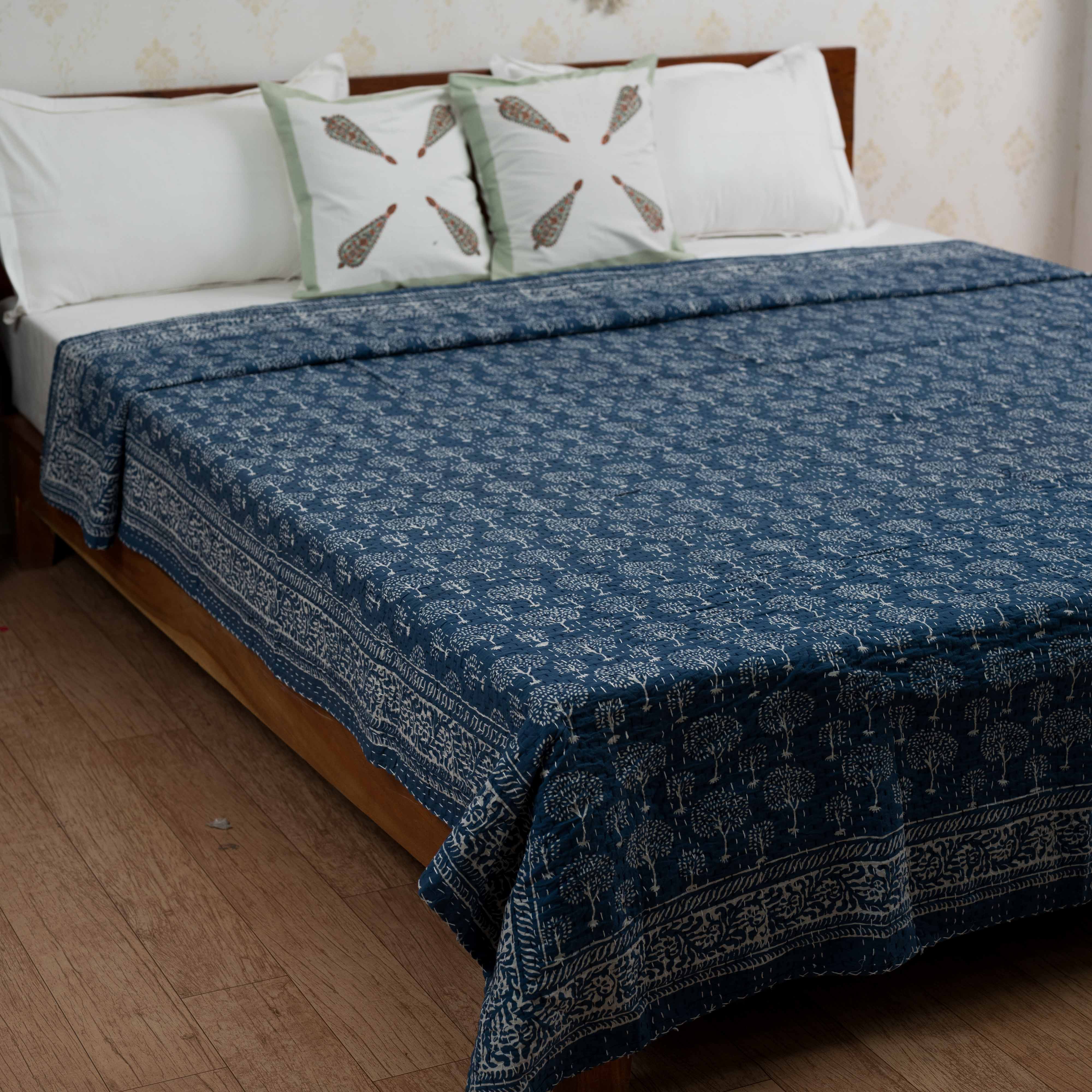 Cotton Queen Size Bedcover Indigo Tree Kantha Work 1 (6753266434147)