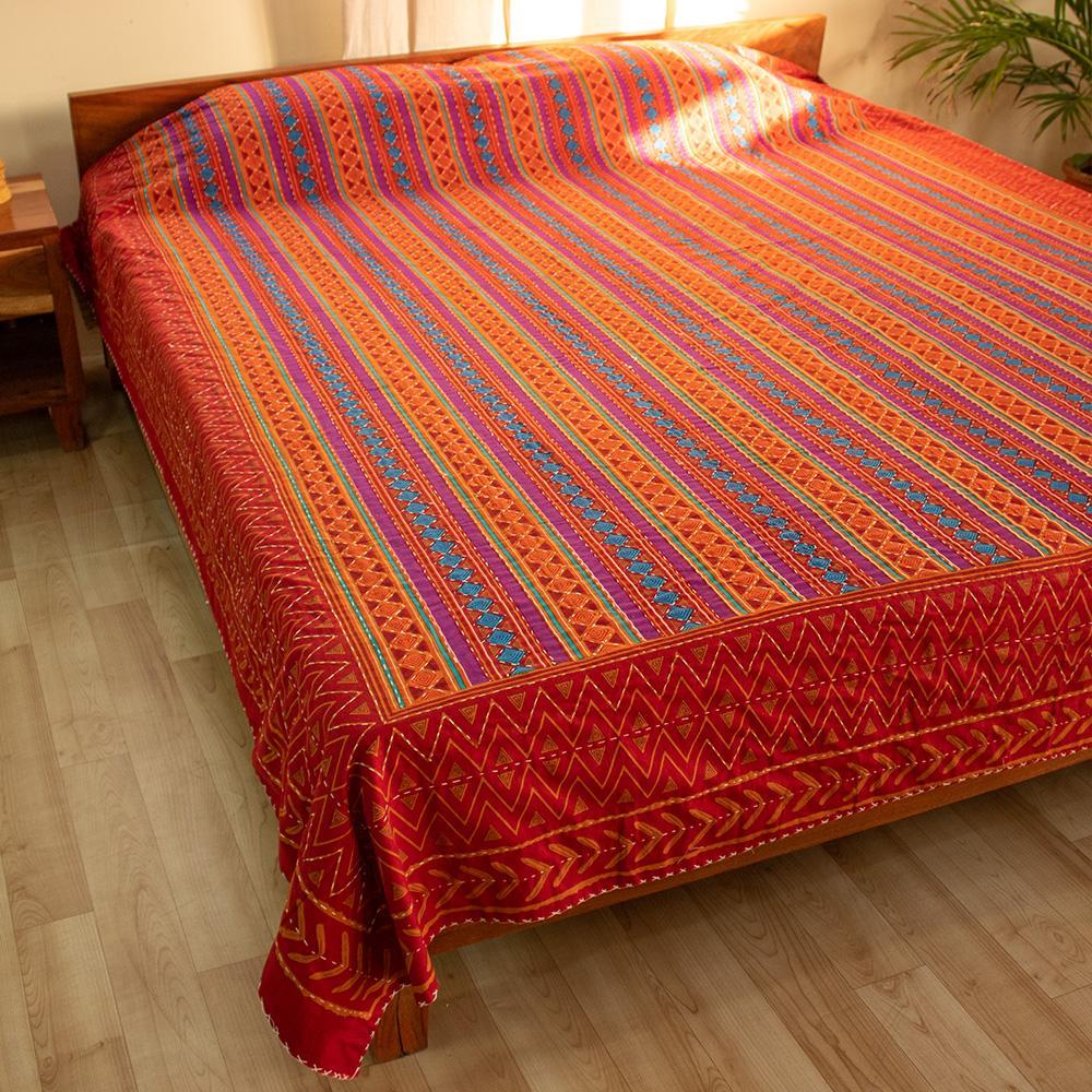 Cotton Bedcover Red Orange Geometric Print Kantha Work (4720938483811)