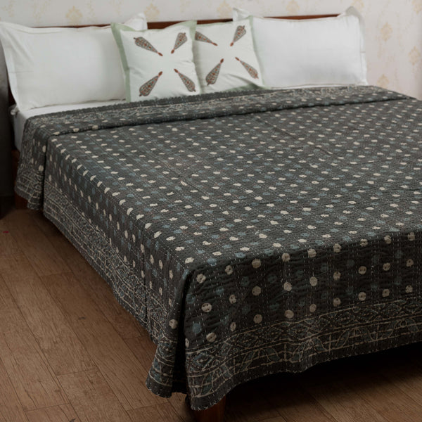 Cotton Queen Size Bedcover Grey Dotted Kantha Work (6753266499683)