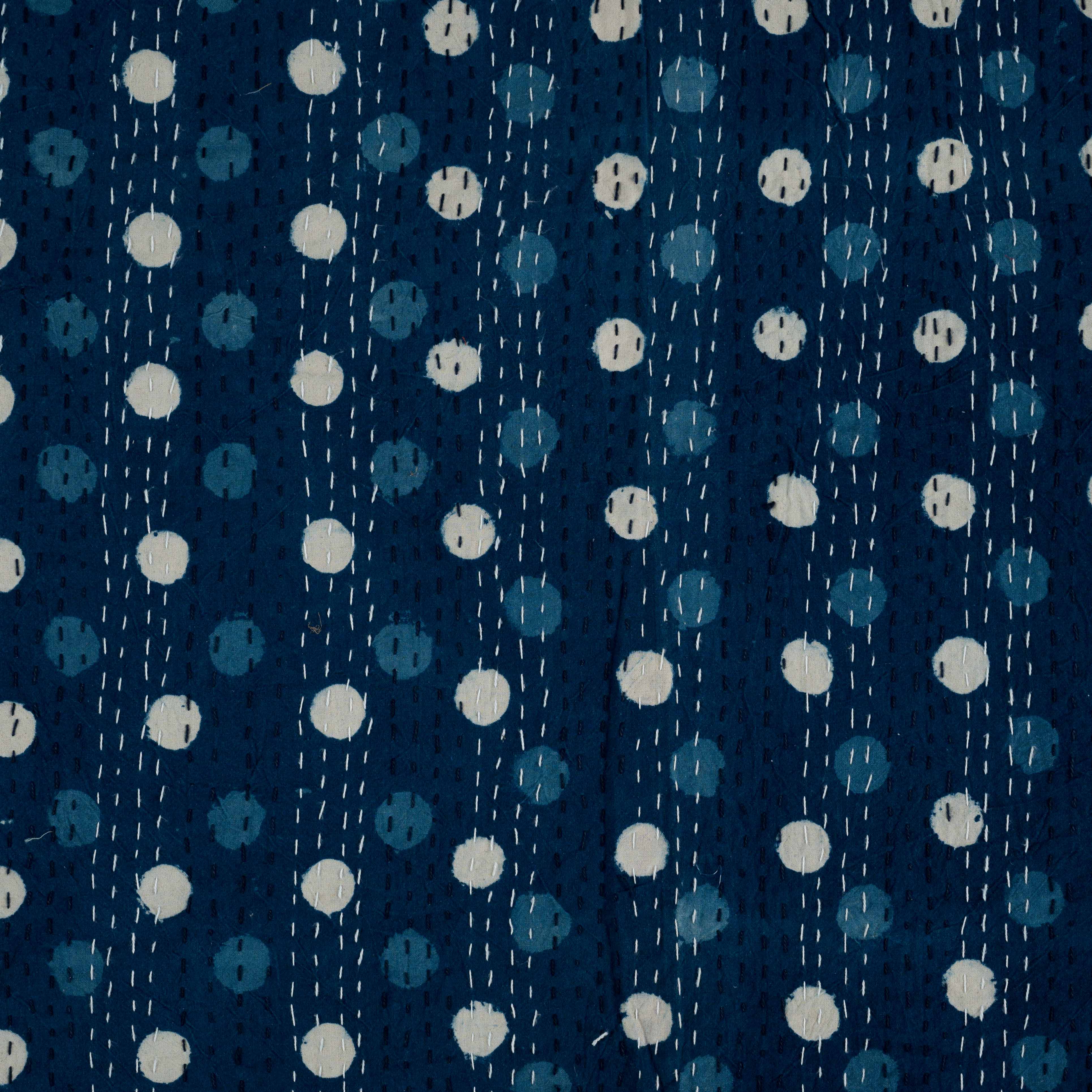 Cotton Queen Size Bedcover Indigo Dotted Kantha Work 2 (6753266532451)