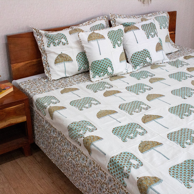 Cotton Bedcover cum Dohar Set Teal Green Elephant Patch Work (6708790100067)