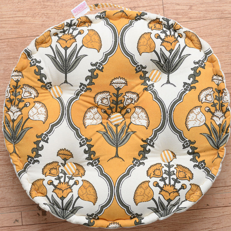 Cotton Floor Cushion Round Yellow Grey Mughal Jaali Print 1 (6831238250595)