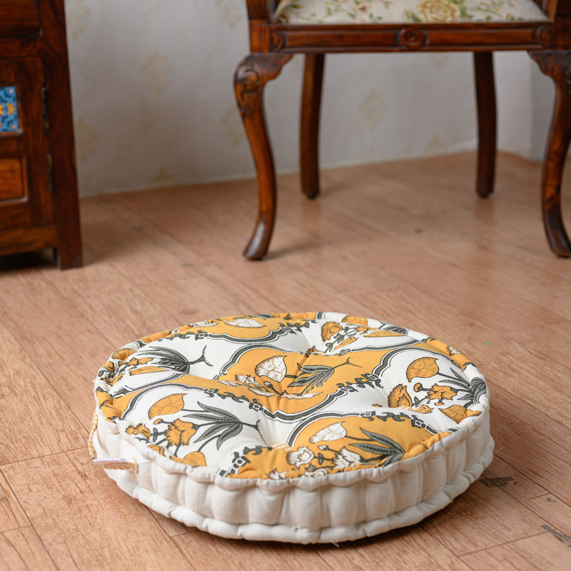 Cotton Floor Cushion Round Yellow Grey Mughal Jaali Print (6831238250595)
