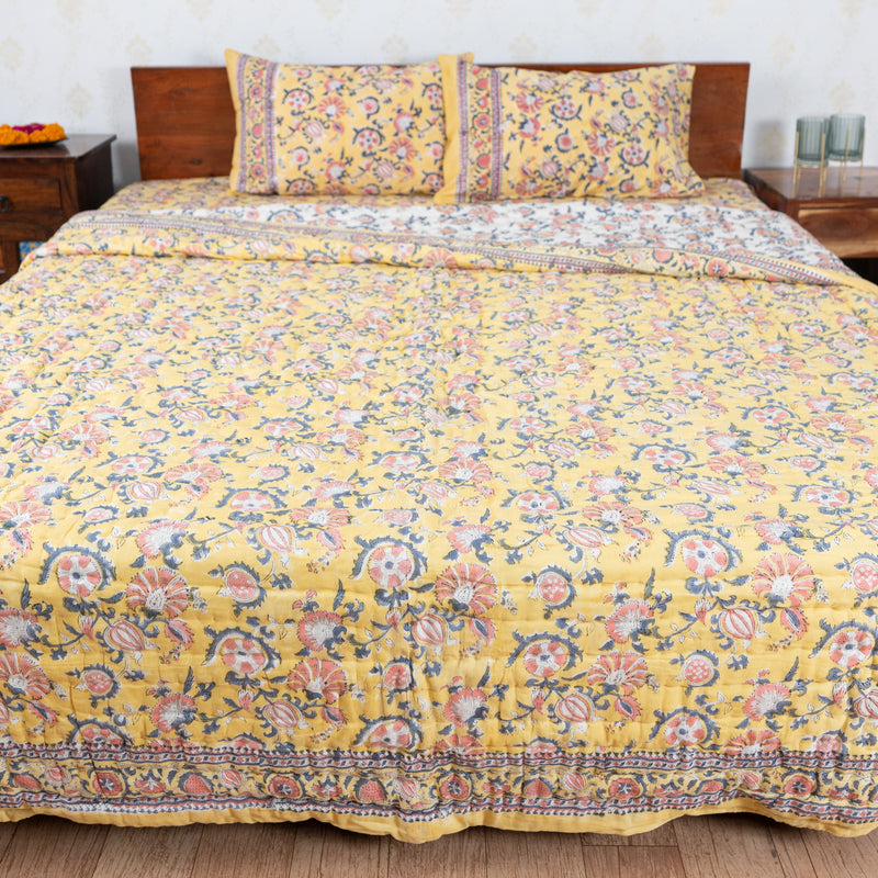 Cotton Bedding Set Lemon Yellow Orange Floral Print 1 (6831156723811)