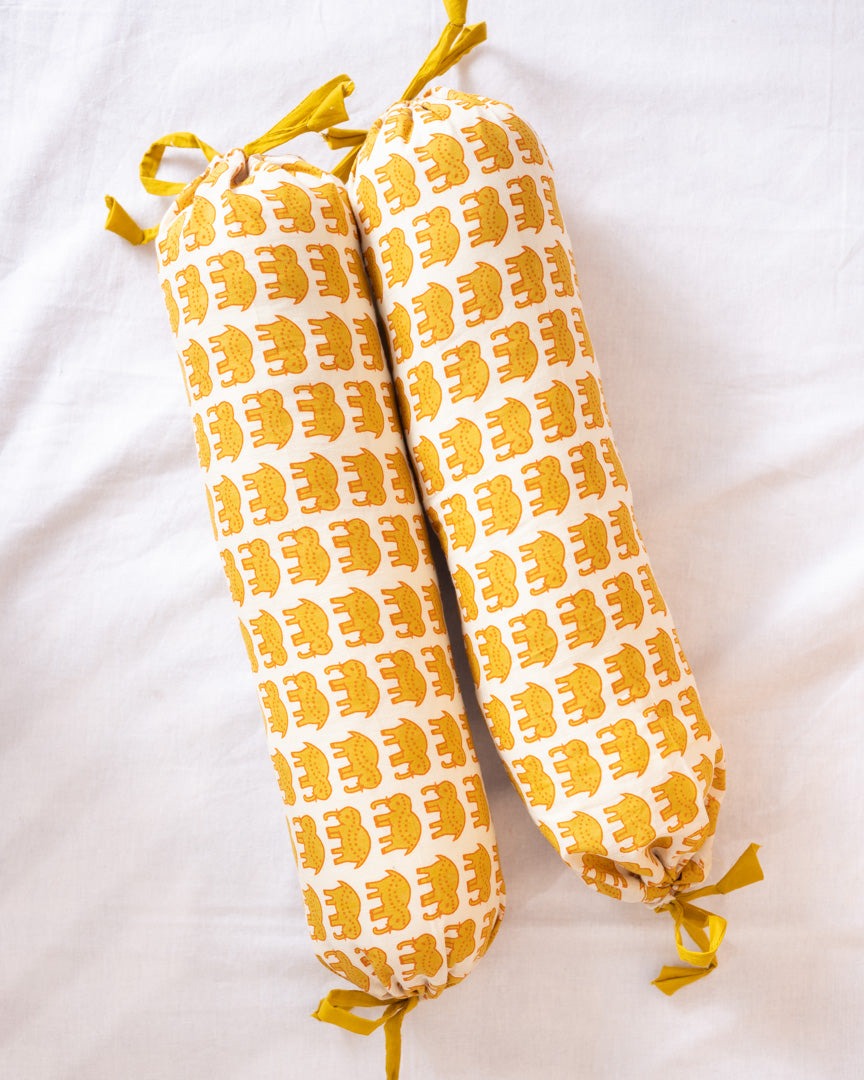 Cotton Baby Masand Bolster Set Mustard Baby Elephant Print (6719882395747)