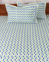Fine Cotton Queen Size Bedsheet Blue Green Leher Block Print (6777243664483)