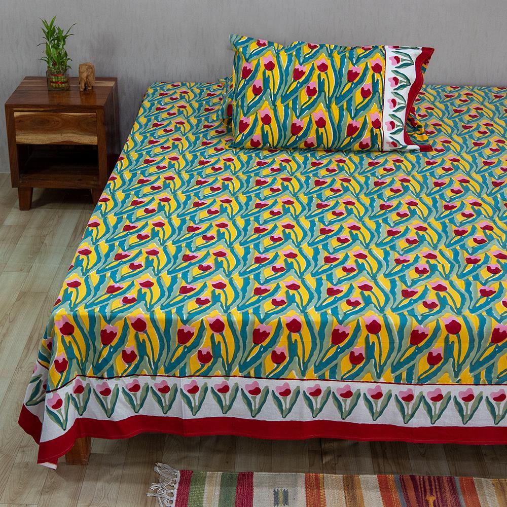 Cotton Queen Size Bedsheet Yellow Red Paintbrush Flowers (6610742640739)