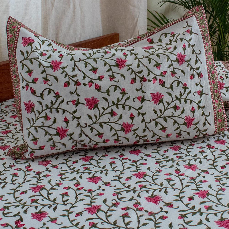Cotton Double Bed Sheet Pink Green Floral Jaal Block Print 1 (4729425559651)
