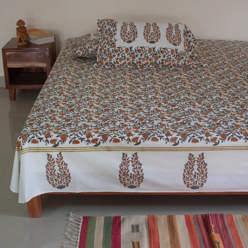 Cotton Double Bedsheet Orange Grey Floral Jaal Block Print (4480763658339)