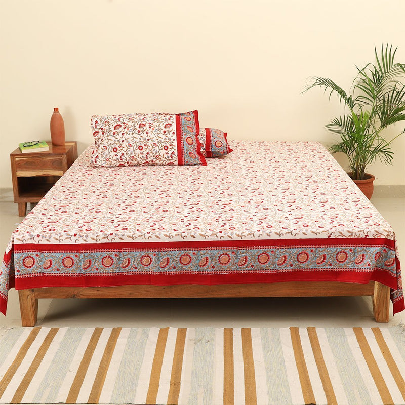 Cotton Double Bedsheet White Red Floral Jaal Block Print (4480763691107)