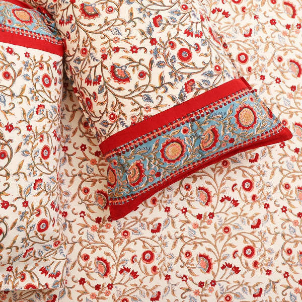 Cotton Double Bedsheet White Red Floral Jaal Block Print 2 (4480763691107)