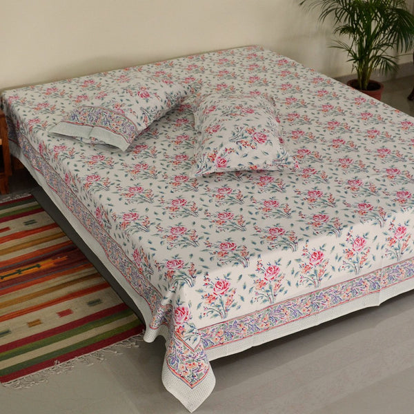 Cotton Double Bedsheet Pink Rose Boota Block Print 1 (4480763756643)