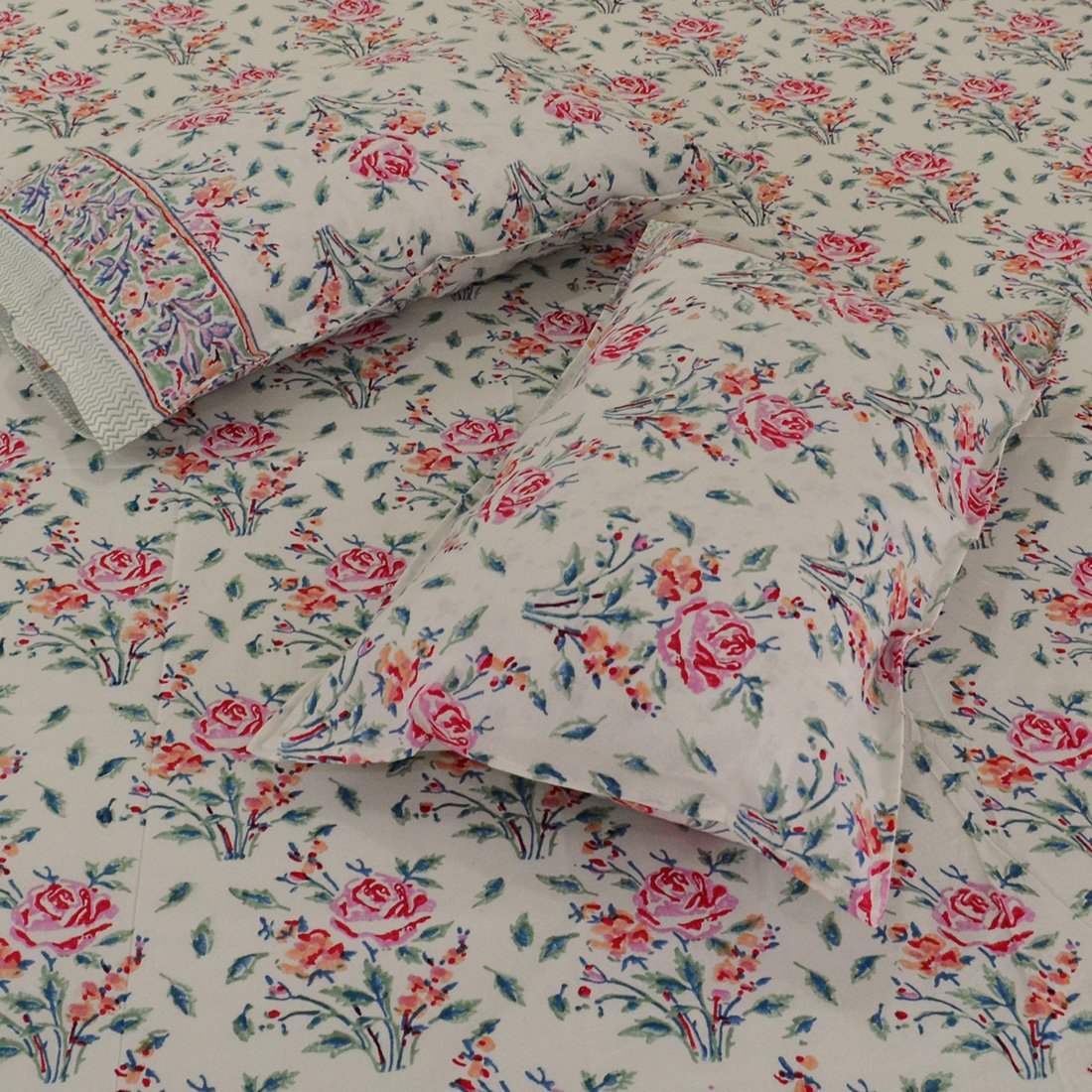 Cotton Double Bedsheet Pink Rose Boota Block Print 2 (4480763756643)
