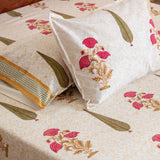 Cotton Double Bedsheet Pink Brown Floral Boota Block Print (4787597803619)