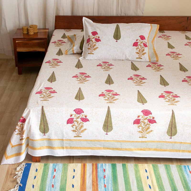 Cotton Double Bedsheet Pink Brown Floral Boota Block Print 1 (4787597803619)
