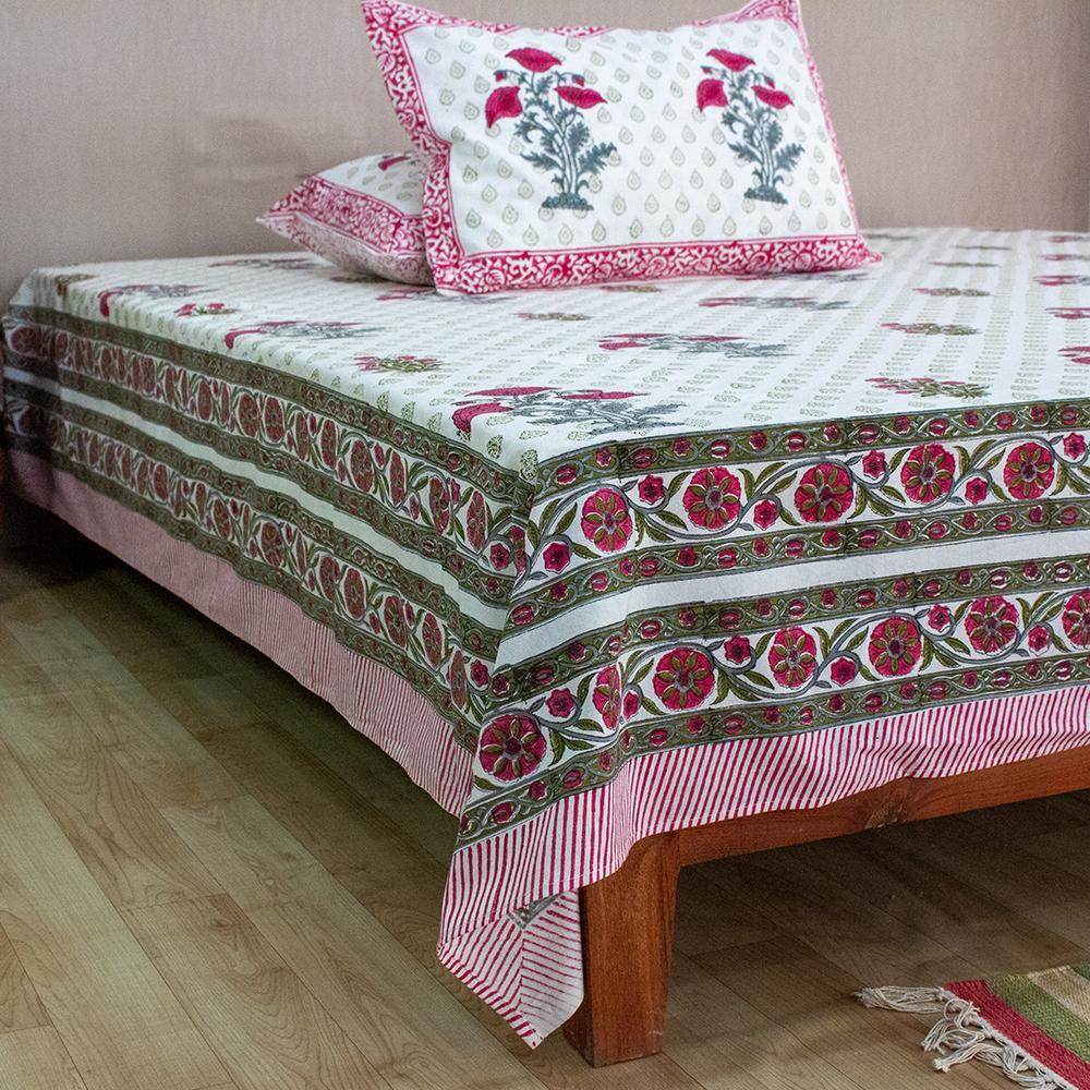 Cotton Queen Size Bedsheet Pink Grey Tulip Motif Block Print 1 (6610742706275)