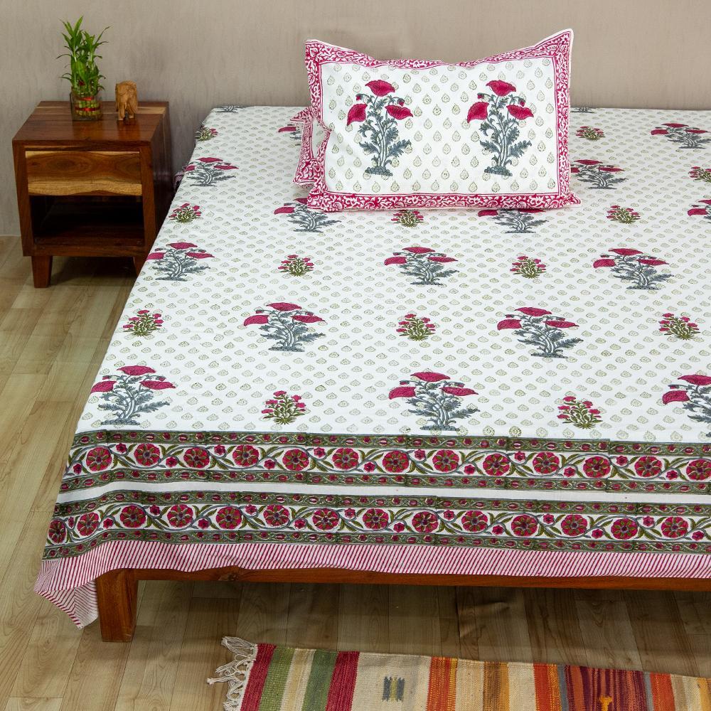 Cotton Queen Size Bedsheet Pink Grey Tulip Motif Block Print (6610742706275)