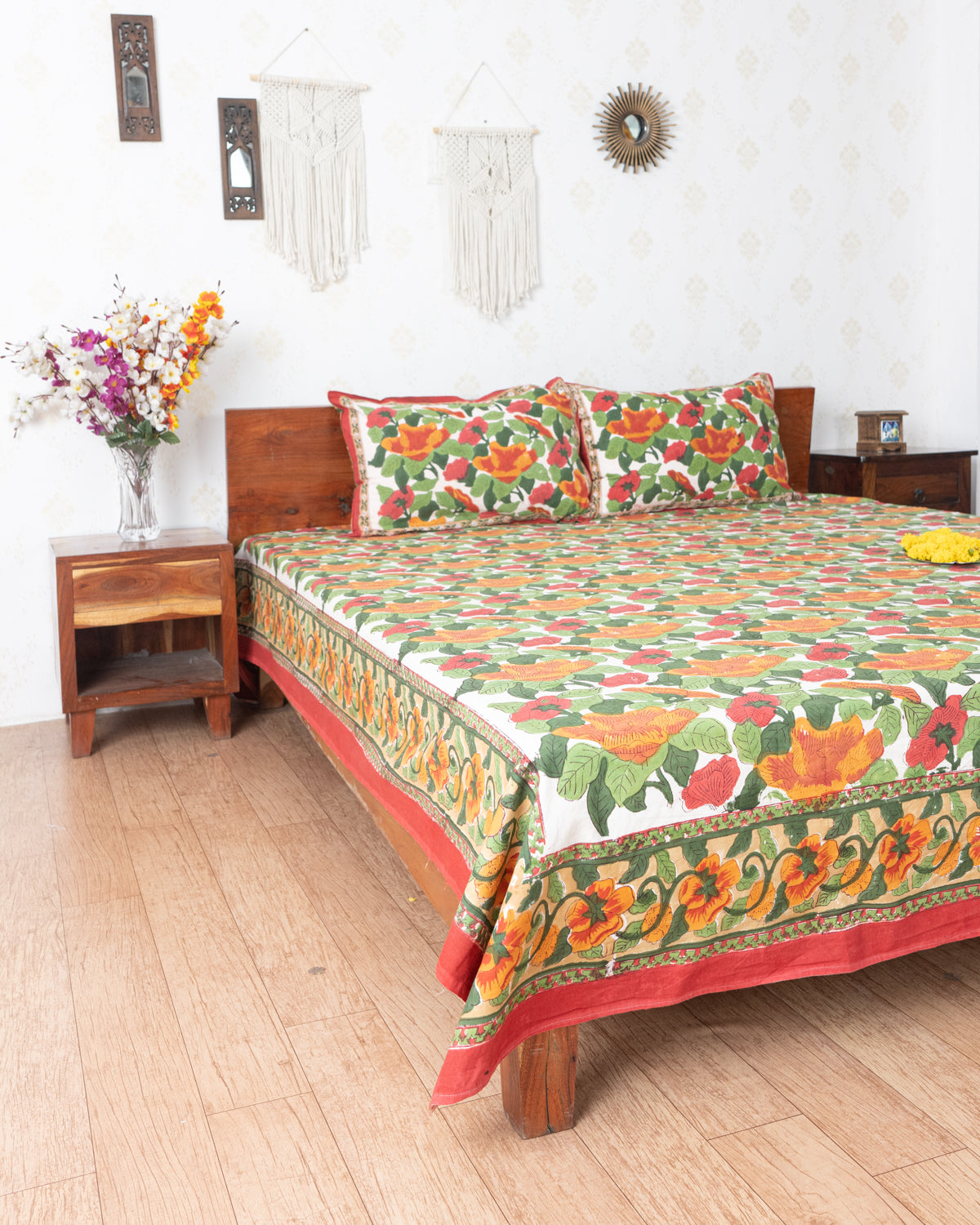 Earthly White Blossom Hand Block printed Double Bedsheet (6833765711971)