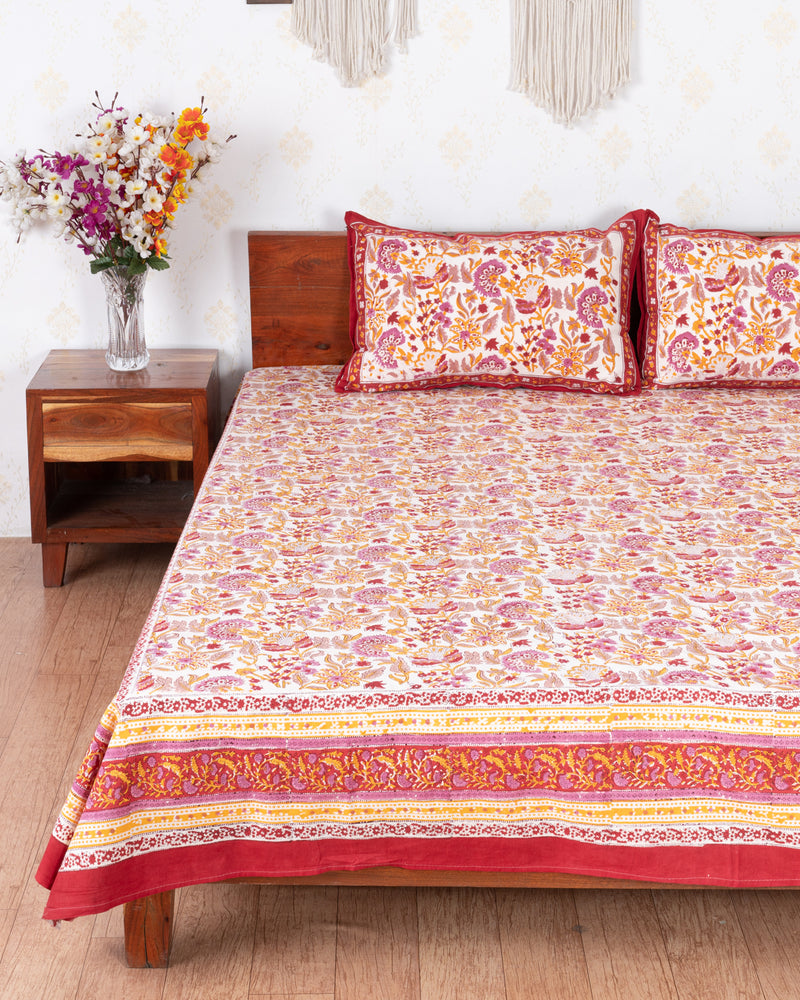 White Blossom Kalamkari Hand Block print Double Bedsheet (6833765777507)