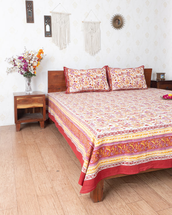 White Blossom Kalamkari Hand Block print Double Bedsheet (6833765777507)