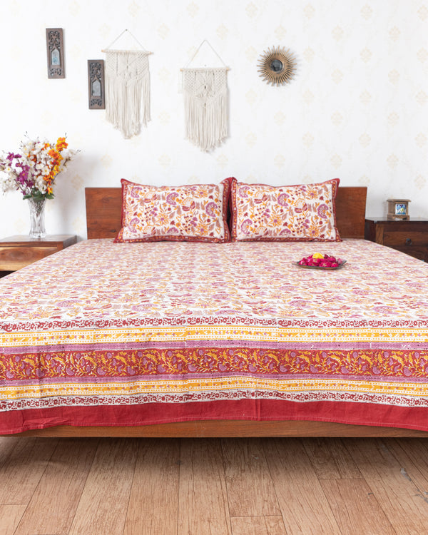 White Blossom Kalamkari Hand Block print Double Bedsheet (6833765777507)