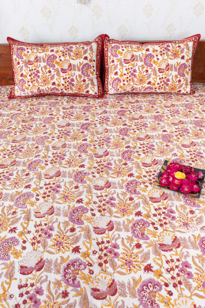 White Blossom Kalamkari Hand Block print Double Bedsheet (6833765777507)