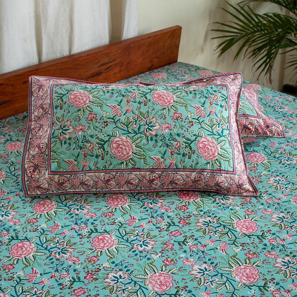 Cotton Double Bedsheet Pista Green Rose Jaal Print (4709468962915)
