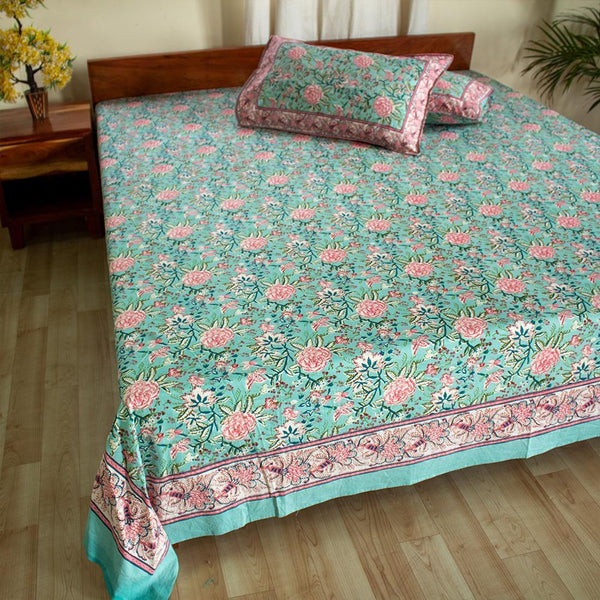 Cotton Double Bedsheet Pista Green Rose Jaal Print 1 (4709468962915)