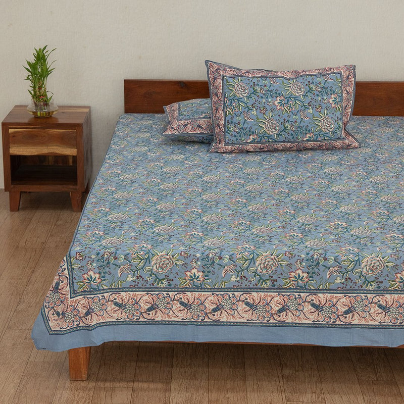 Cotton Double Bedsheet Blue White Rose Jaal Print 1 (6627072245859)