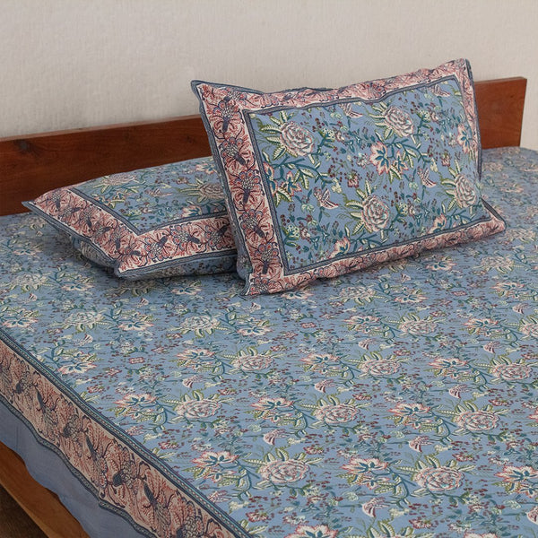 Cotton Double Bedsheet Blue White Rose Jaal Print (6627072245859)