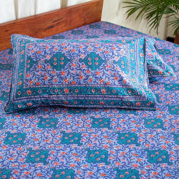 Cotton Double Bedsheet Blue Dual Tone Jaali Print (4709469061219)
