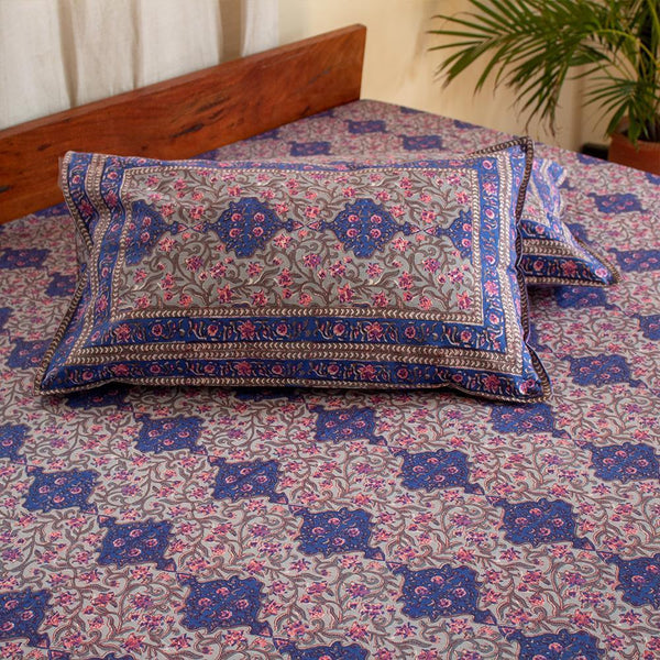 Cotton Double Bedsheet Blue Grey Jaali Print (4709469126755)