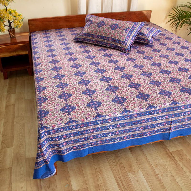 Cotton Double Bedsheet Blue Grey Jaali Print 1 (4709469126755)
