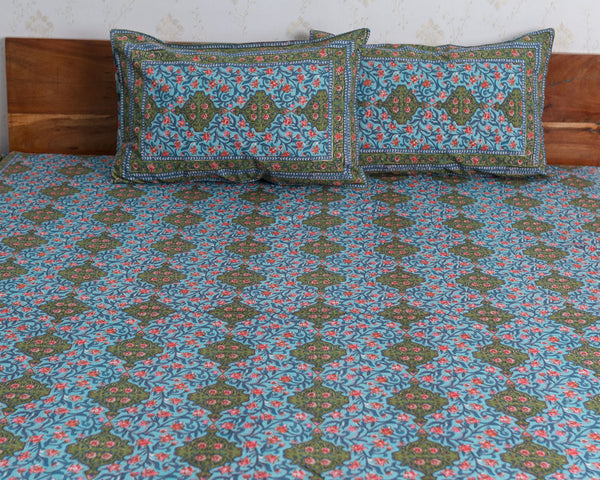 Cotton Queen Size Bedsheet Blue Green Floral Jaal Print 1 (6741986181219)