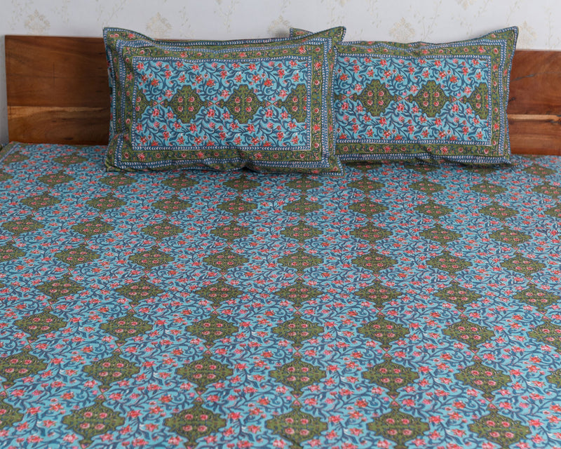 Cotton Queen Size Bedsheet Blue Green Floral Jaal Print 1 (6741986181219)