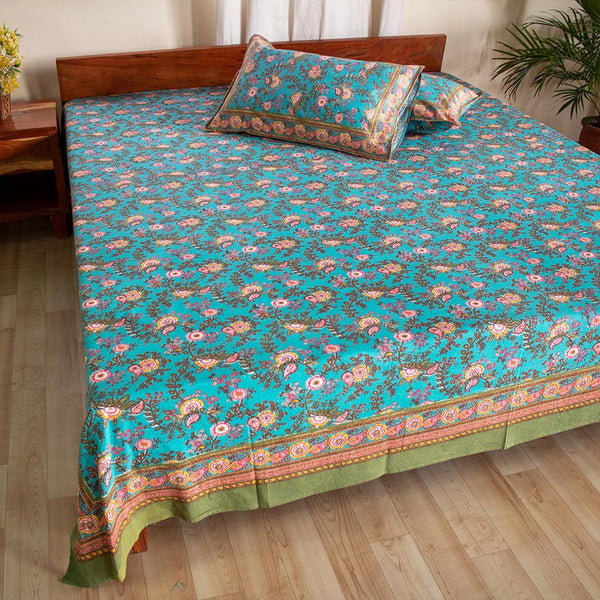 Cotton Double Bedsheet Green Floral Bel Print 3 (4709469290595)