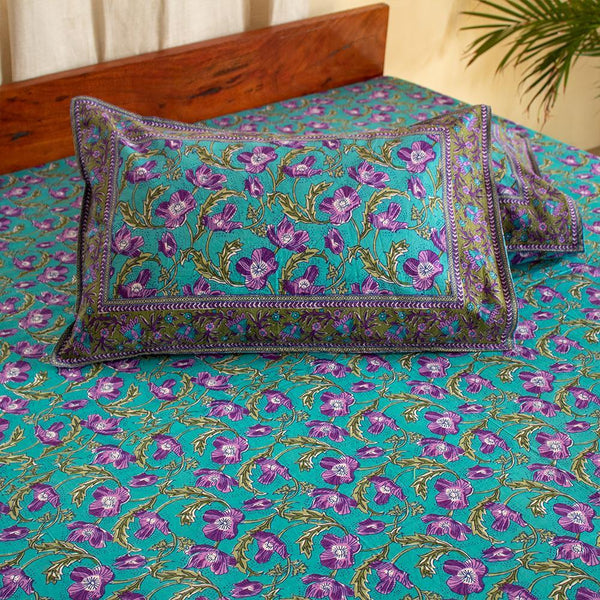 Cotton Double Bedsheet Sea Green Lily Bel Print (4709469323363)