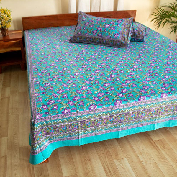 Cotton Double Bedsheet Sea Green Lily Bel Print 1 (4709469323363)