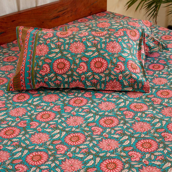 Cotton Double Bedsheet Sea Green Sunflower Jaal Print (4709469454435)